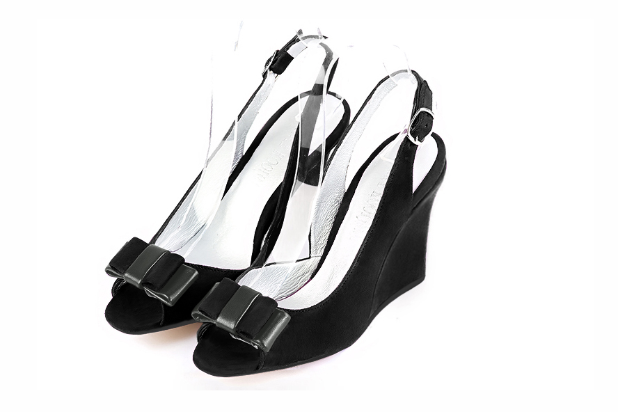 Matt black women's slingback sandals. Round toe. High wedge heels. Front view - Florence KOOIJMAN